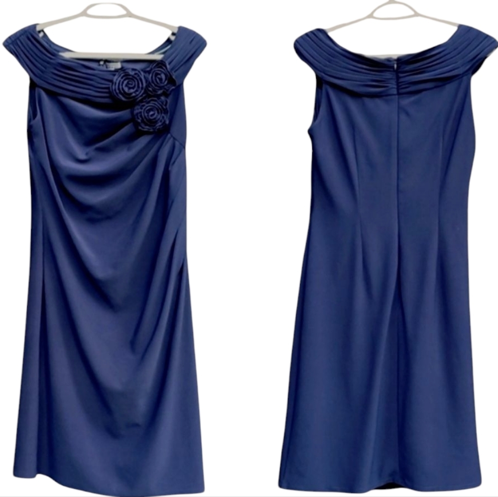 Jessica Howard Stretchy  Applique Flowers Ruched Side Blue Dress 8 Back …